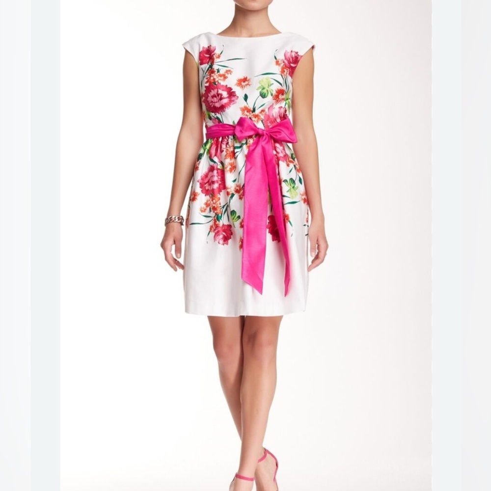 Eliza J Pink and White Cap Sleeve Sheath Dress
